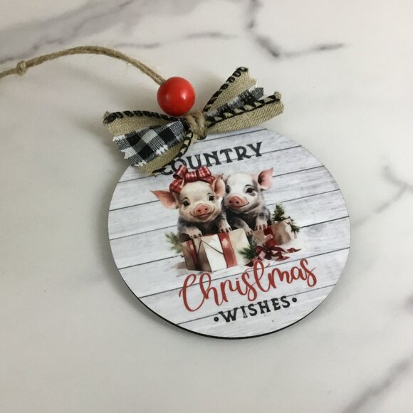 Pig Country Christmas Wishes Round Rustic Christmas Ornament - Picture 4 of 6